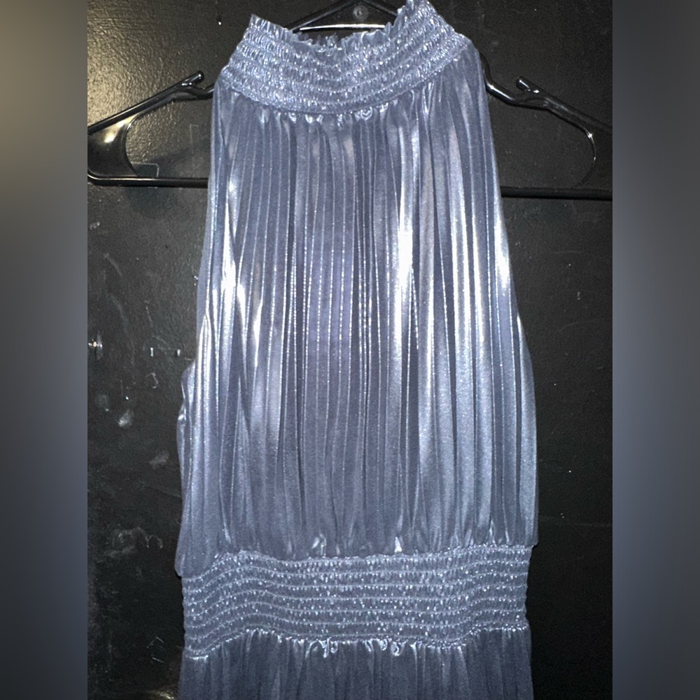 Navy blue dress, a little long, stretches so if you are S it would fit you well.